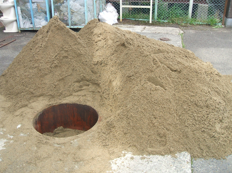 燃料タンク内部への砂入れ作業